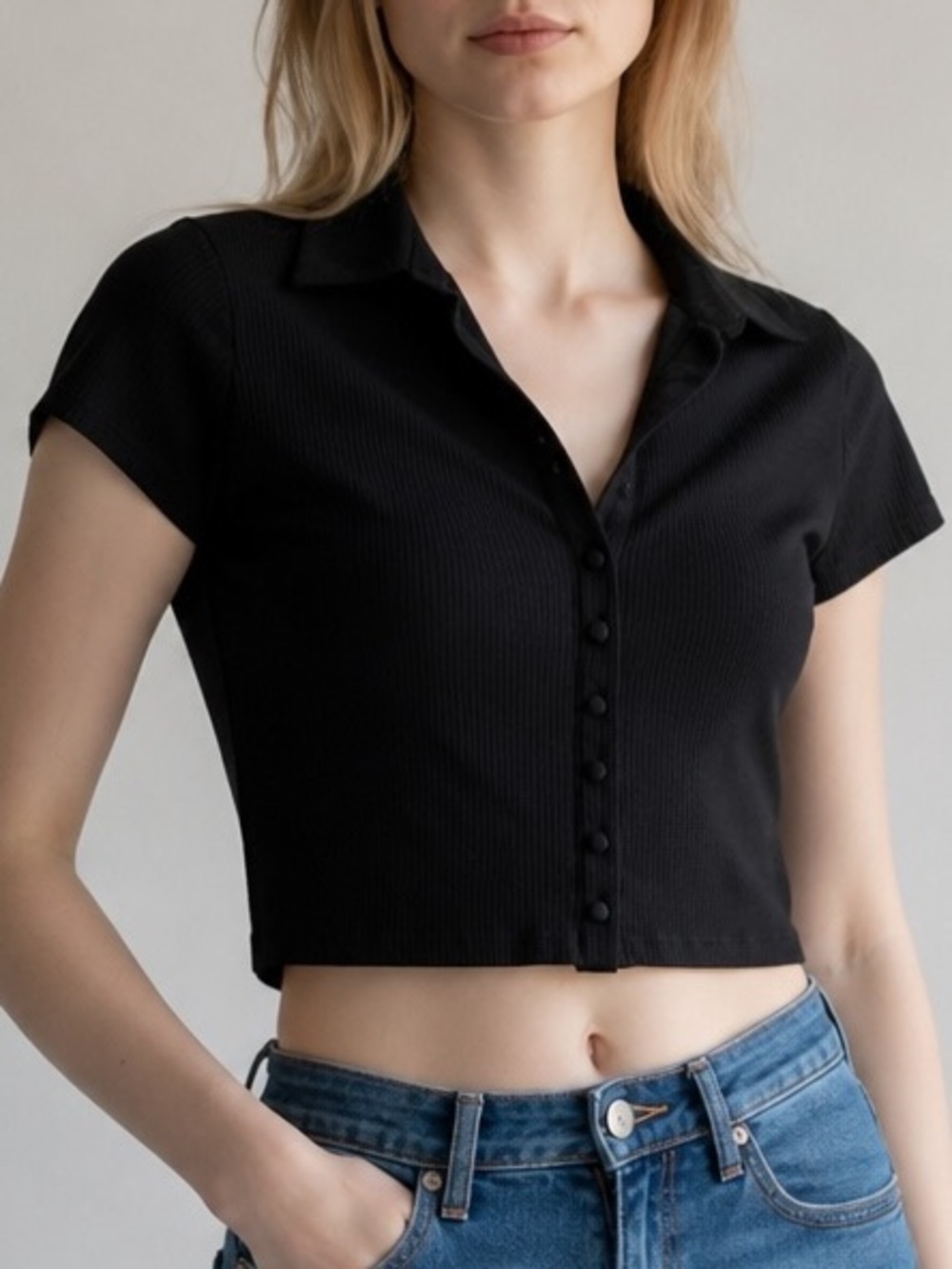 AFRM Black Ribbed Button-Front Crop Polo
